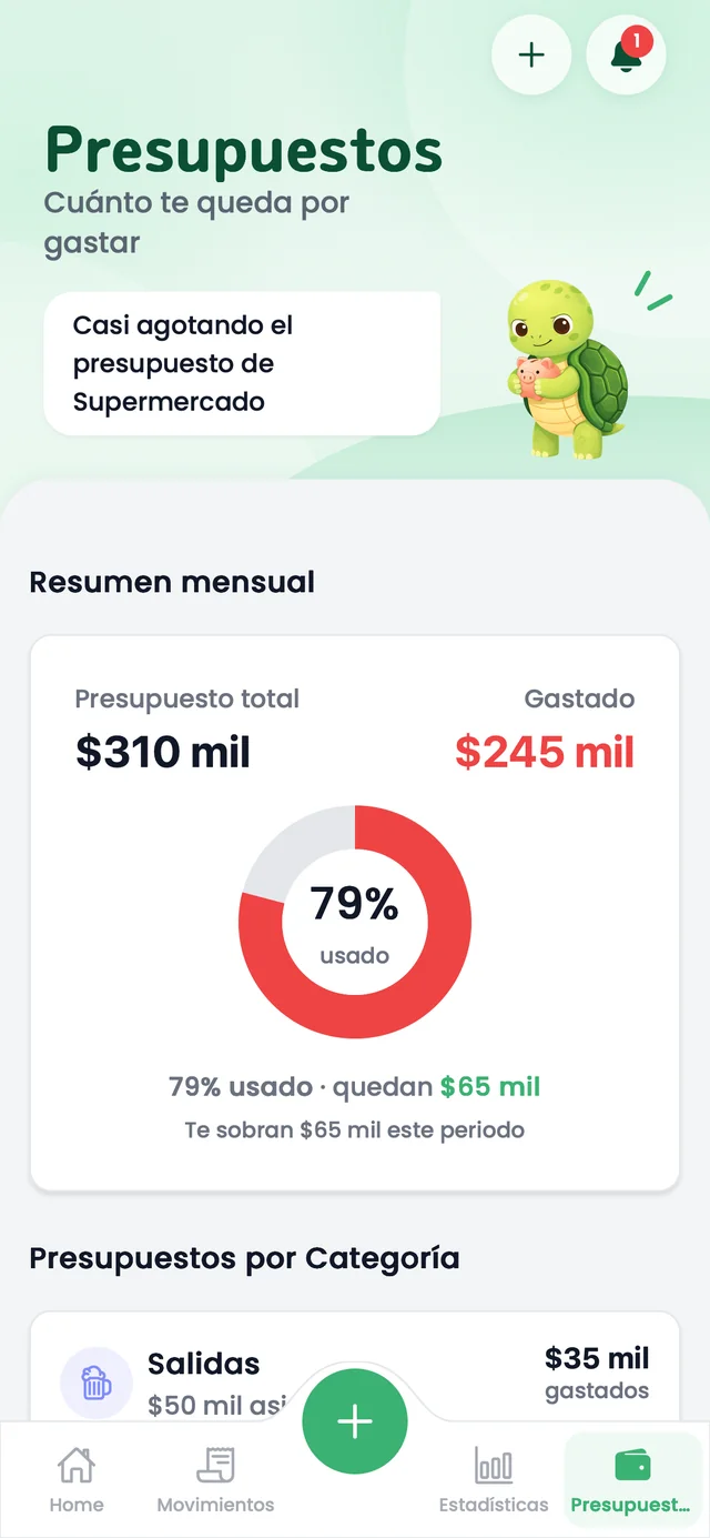 Presupuestos del mes con el porcentaje usado